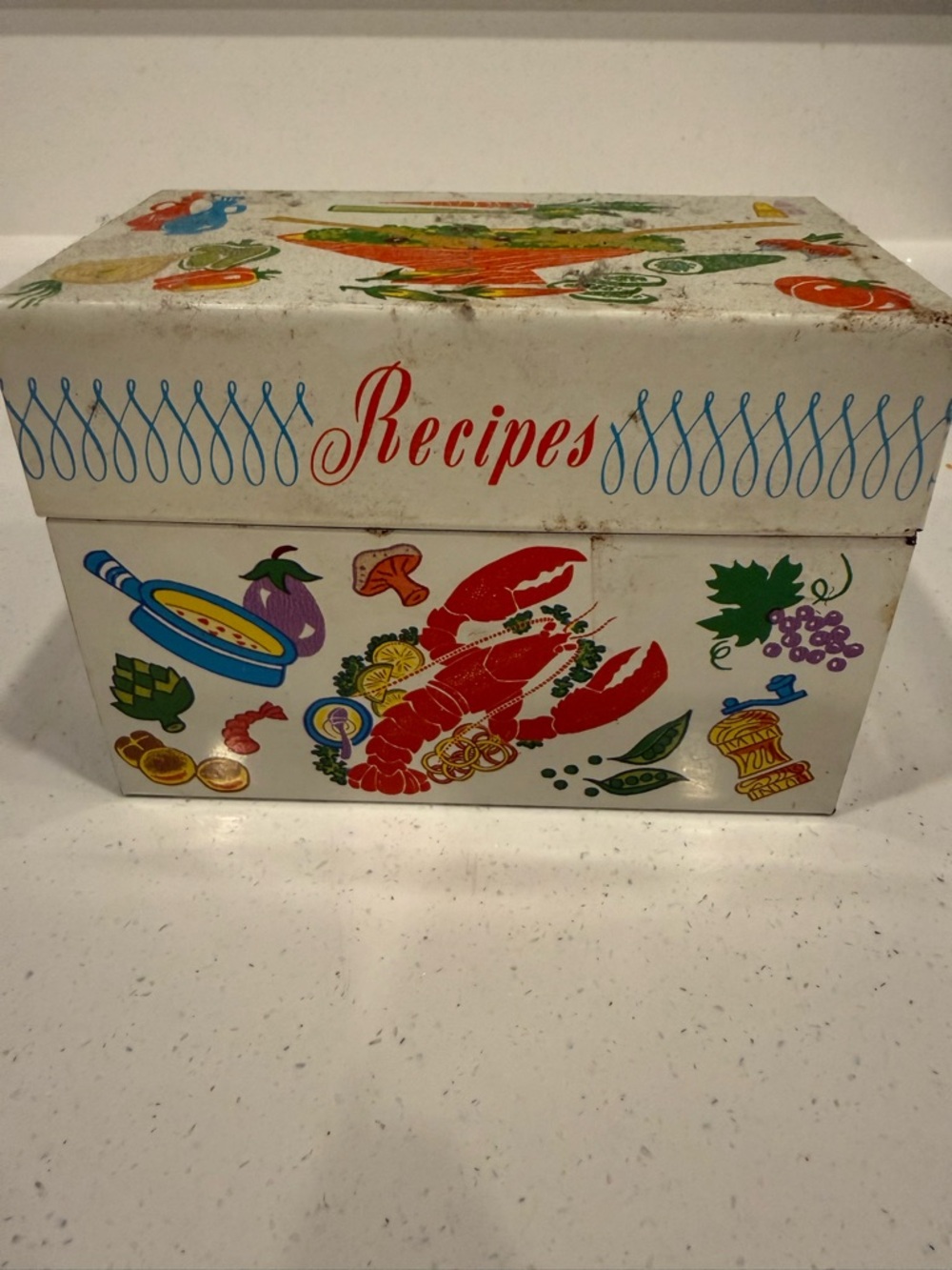 Vintage White Recipe Box with Colorful Food Graphics
